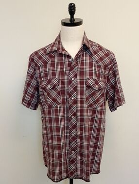 Wrangler Burgundy Plaid Pearl Snap Western Shirt Short Sleeve Size Large